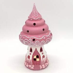 Pink Candy Mushroom Gingerbread Fairy House LED Light Up Christmas 9” NEW